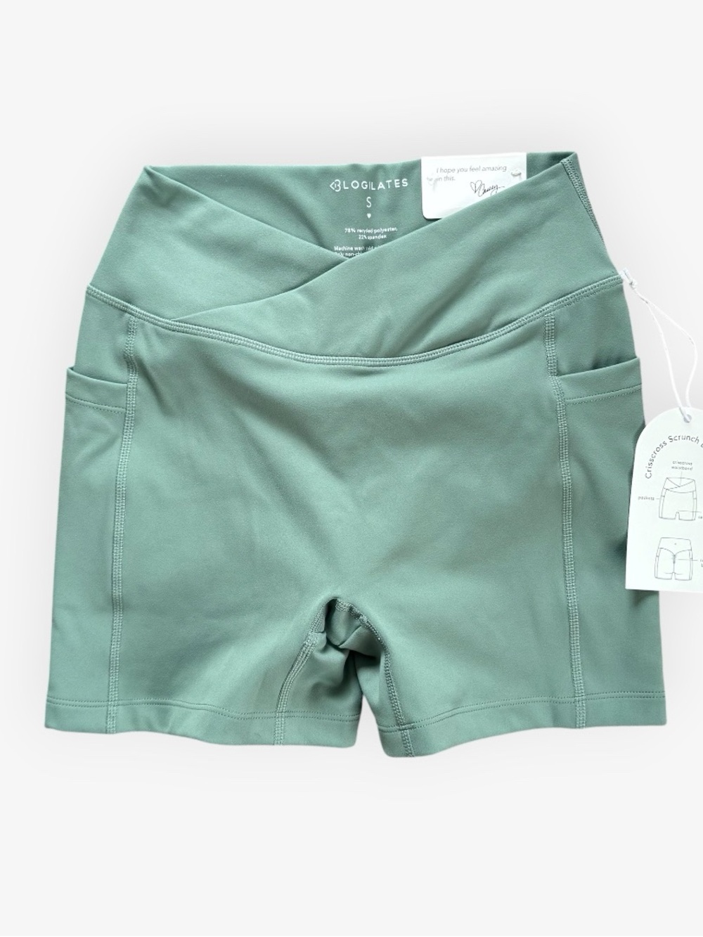 Blogilates Crisscross Scrunch Bike Shorts Hedge Green High Waisted Side Pocket S